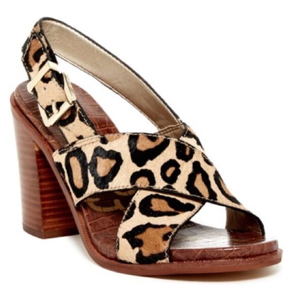 Sam Edelman Ivy Genuine Calf Hair Open Toe Block Heel Sandal Gold Black Tan SZ:6 - Picture 1 of 13